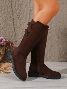Women's Round Toe Elastic High Shaft Slim Fit Boots, V-Cut Flat High Shaft Boots, Versatile For Autumn/Winter, Suitable For Daily Commute - Coffee Brown - View 5