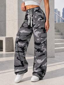 Gray Camo Cargo Pants For Women Elastic Drawstring Waist Side Flap Pockets Relaxed Wide Leg Casual Trousers. - Grey - View 4