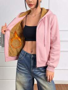 Women's Warm Fleece Lining Hooded Zip Jacket, Sporty Winter Cardigan, Suitable For Fitness, Yoga, Basketball, Cycling And Casual Daily Wear - Pink - View 1