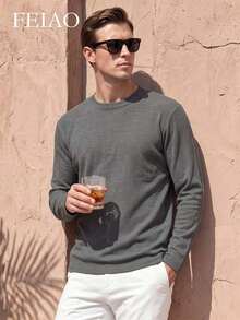 FEIAO Men's Vintage Ribbed Zip-Up Long Sleeve Polo Shirt, Suitable For Daily Commute, Loose Fit - Grey - View 2