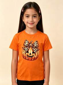 Playera de manga corta para niña, estampado de calabaza con lazo de leopardo, ropa casual para fiesta de Halloween - Naranja - Ver 6