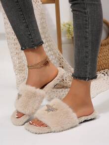 Spring/Autumn New Square Toe Plush One-Strap Flat Sandals For Women, Fashion Rhinestone Starfish Decor Fluffy Fur Slippers, Indoor/Outdoor Dual-Use - Beige - View 6