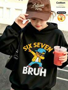 2026 Autumn/Winter Loose Black Hooded Sweatshirt, Girls', Cartoon Pattern, "SIX SEVEN" And "BRUH" Text, Casual Street Style - Black - View 10