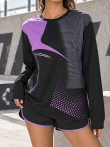 Women's Graphic Contrast Print Crew Neck Long Sleeve Relaxed Fit Pullover Sweatshirt For Training, Running And Fitness - Purple - View 9