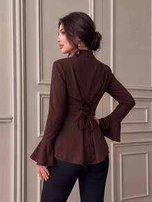 Women's Autumn Dark Brown Stand Collar Frog Button Flared Sleeve Ruffle Hem Top, Back Tie Waist, Elegant Date & Commute Outfit - Coffee Brown - View 3
