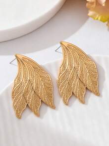 1 Pair Vintage Golden Wing Leaf Layered Earrings,Elegant Exquisite Embossed Swirl Pattern Big Statement Jewelry For Women Wedding Party Gift - Yellow Gold - View 4