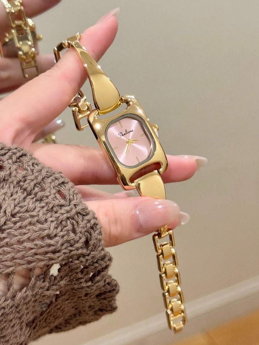 1pc Women's Elegant Gold Square Dial Quartz Watch, Rounded Design, Pink Dial, Minimalist Markings, Suitable For Daily Wear And Gifting - Gold - View 1