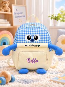 (Custom Embroidery) 1PC Cute Big Eyes Design, Color Block Patchwork, Breathable Lightweight Shoulder Strap, Personalized Name Embroidery, Holiday Gift, School & Travel Dual-Use Lightweight Backpack - Multicolor - View 5