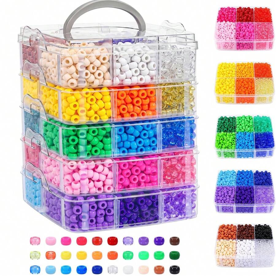 4500 Pieces Rainbow Large Hole Pony Beads, Assorted Color Plastic Beads With Portable Stackable Storage Box, DIY Bracelets Necklaces Keychains Handmade Craft Jewelry Making Supplies - A - View 1