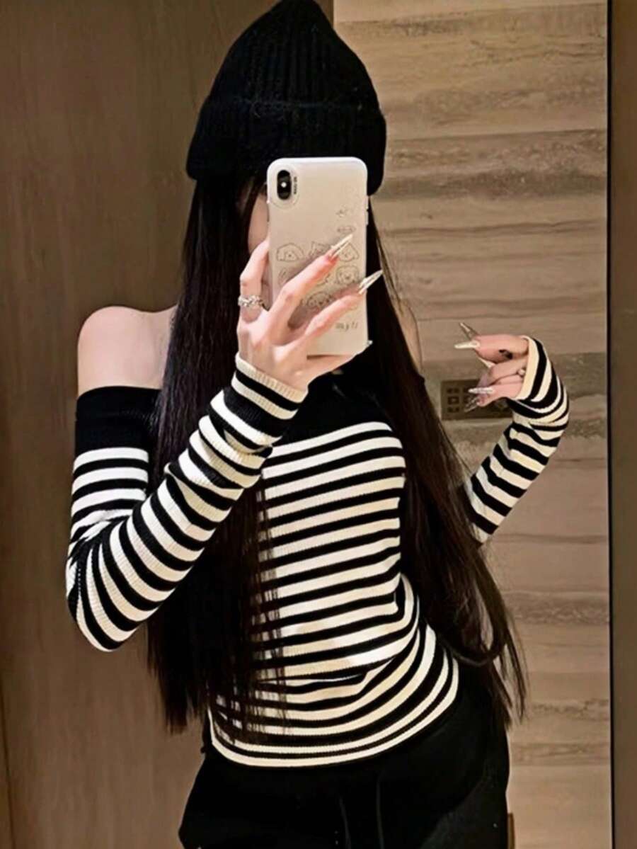 Women's Off-Shoulder Striped Knit Top, Autumn/Winter Slimming Base Layer, Sexy Cold Shoulder Contrast Color Sweater - Black and White Stripes - View 1
