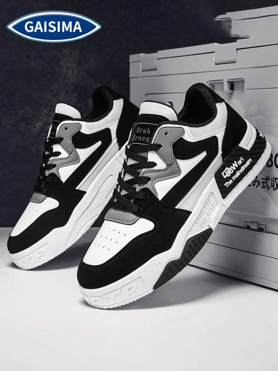 GAISIMA 男士街頭風拼色厚底運動鞋,字母印花繫帶低筒滑板鞋,春秋日常穿著防滑休閒鞋 - 黑色 - 查看 1