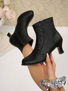 Vintage Black Ankle Boots For Women, Round Toe, Stiletto Heel, Stud Decor, Side Zipper - Black - View 1
