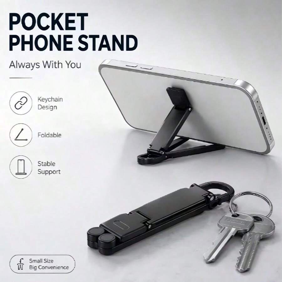2pcs Mini Keychain Phone Stand Set, Compact Foldable Adjustable Smartphone Holder, 3-Point Stable Support, Non-Slip Grip, Pocket-Sized Daily Carry Stand, Suitable For Desk, Office, Travel, Video Calls, Watching, Reading, Vertical And Horizontal Use