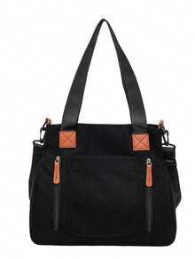 Durable Canvas Men's Tote Bag, Large Capacity Multi-Pocket Handbag, Casual Commute Crossbody Shoulder Bag, Multifunctional Travel Bag - Black - View 8