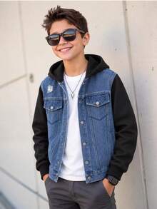 Tween Boys Casual Outdoor Denim Patchwork Jacket, Versatile For Everyday Wear, Autumn/Winter - Black - View 1