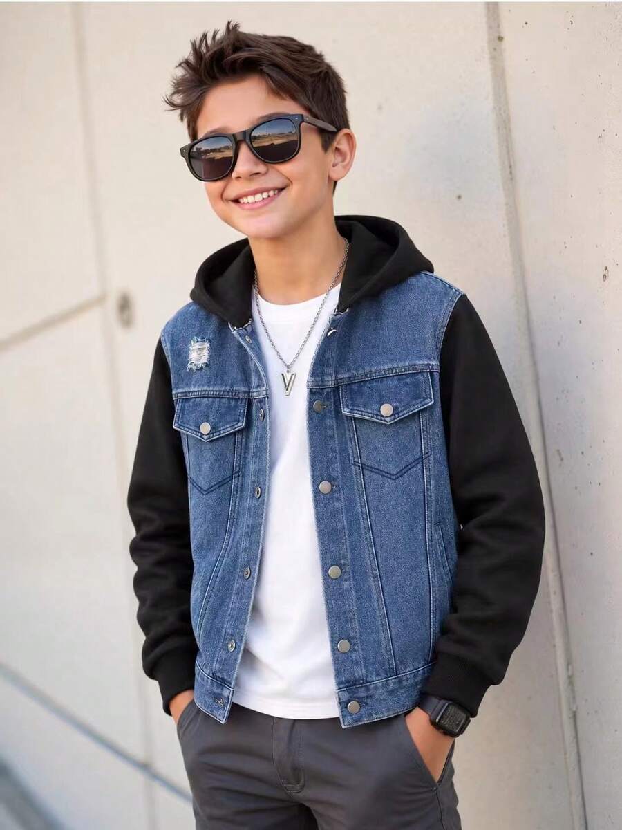 Tween Boys Casual Outdoor Denim Patchwork Jacket, Versatile For Everyday Wear, Autumn/Winter - Black - View 1