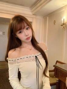 Women's Off-Shoulder Lace Trim Long Sleeve T-Shirt Inner Layer Fitted Top Autumn Base Layer Patchwork Knotted Lace Design Vacation Style - Apricot - View 4