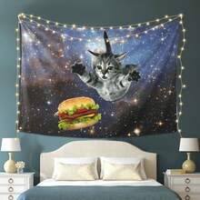 1pc Abstract Space Cat Chasing Burger Wall Tapestry, Polyester Fabric, Suitable For Home Wall Decor, Office, Room Flag, Indoor Decorative Tapestry, Home Decoration, Photography Backdrop, Bed Head Decor - Multicolor - View 8
