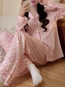 Women's 2-Piece Pink Leopard Print Pajama Set, Cardigan Button Long Sleeve & Long Pants, Wearable Loungewear, Autumn/Winter - Pink - View 2