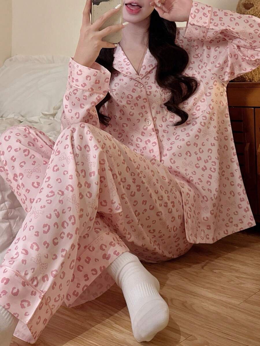 Women's 2-Piece Pink Leopard Print Pajama Set, Cardigan Button Long Sleeve & Long Pants, Wearable Loungewear, Autumn/Winter