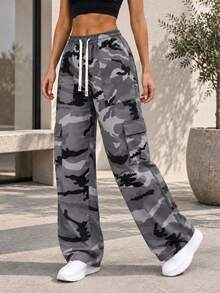 Gray Camo Cargo Pants For Women Elastic Drawstring Waist Side Flap Pockets Relaxed Wide Leg Casual Trousers. - Grey - View 7