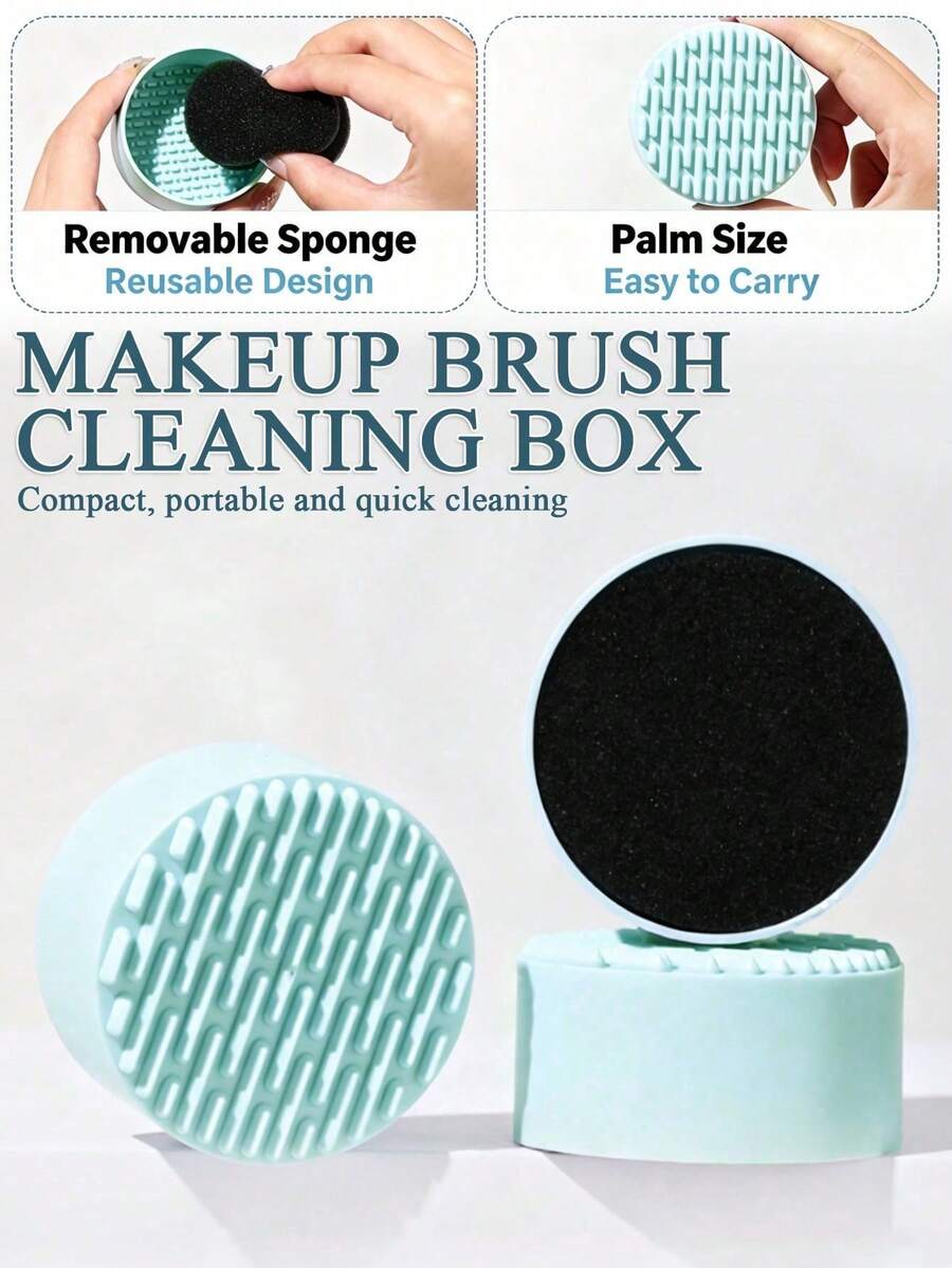2/1pc Wet & Dry Makeup Brush Cleaning Box, No-Wash Brush Holder, Quick-Dry Sponge Cleaning Tool - Baby Blue - View 1