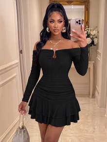 Fashionable Women's Black Ribbed Knit Skirt, Cold Shoulder Long Sleeve Fitted Party Mini Dress With Ruched Details And Ruffle Hem - Black - View 4