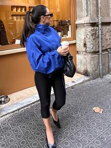 ZAHM Fall And Winter Women Stand Collar Button Down Jacket, Ruched Long Sleeve Drawstring Hem Cropped Casual Outerwear - Blue - View 4