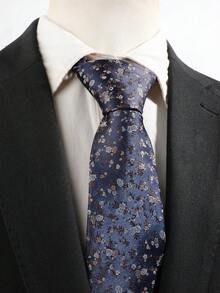 1pc Deep Blue Background Gold & Silver Small Rose Pattern Tie, Luxury Vintage Floral Design, Suitable For Banquet And Commute - Dark Blue - View 4