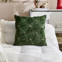 1pc Christmas Green Artificial Fur Christmas Tree Embroidered Pillow Case, Suitable For Indoor Decoration, Christmas Decoration, All Season Pillow Case, Without Insert - Green - View 13