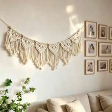 1pc Macrame Wall Hanging Bohemian Style Wall Decor Tapestry Handmade Woven Short Tassel Fiber Art Wall Hanging Bed Headboard Background Wall Decor - Beige - View 12