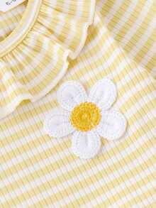 2pcs/Set Baby Girls Cute Minimalist Yellow & White Striped Floral Long Sleeve Top & Long Pants Set, Spring/Autumn - Multicolor - View 4