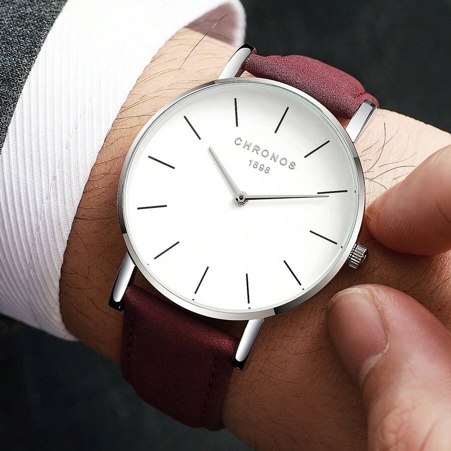 CHRONOS Men's Fashion Casual Watch, Ultra-Thin With Second Hand, Minimalist Design, Classic & Stylish, Suitable For Youth Outdoor Sports, Waterproof Watch - CH0102Y HONG - View 1