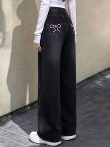 Teen Girl's Loose Fit Bow Print Denim Wide Leg Pants - Black - View 3