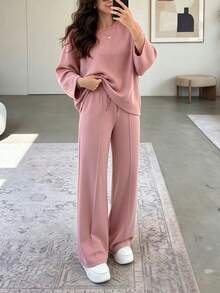 Women's Casual Pink 2 Pieces Loungewear Set, Long Sleeve Top With Drawstring Wide Leg Sweatpants, Comfortable Spring/Autumn Outfit - Pink - View 3