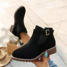 1 Pair Fashion Elegant Buckle Solid Color Minimalist Boots, Autumn/Winter, Versatile - Black - View 2