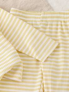 2pcs/Set Baby Girls Cute Minimalist Yellow & White Striped Floral Long Sleeve Top & Long Pants Set, Spring/Autumn - Multicolor - View 6