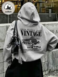 Women's Slogan Car Print Long Sleeve Casual Loose Hooded Sweatshirt - Light Grey - View 4
