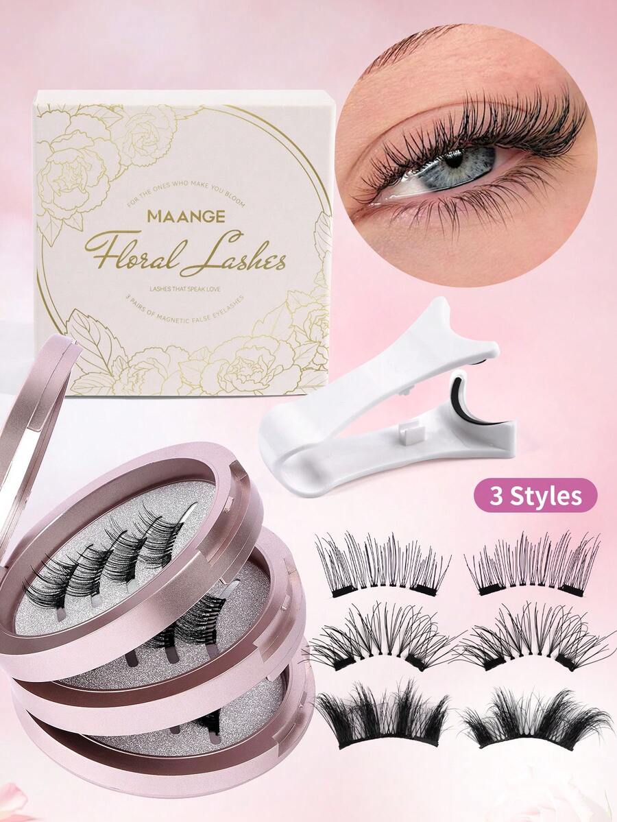 MAANGE 3 Pairs Magnetic Half Eyelashes - Free Applicator, Mixed Styles, DIY, Cat Eye Lashes, Natural & Thin, Reusable, Portable, No Glue Needed, Create Natural Lengthening, Curling & Eye-Enlarging Effect, Exquisite Packaging, Built-In Mirror, Women's Gift, Half Eyelashes, False Eyelashes, Eyelashes