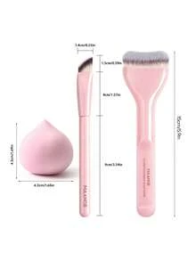 MAANGE 3pcs Makeup Tool Set Including 2 Face Makeup Brushes (Foundation Brush, Highlighter Brush) + 1 Makeup Sponge, Gift For Women And Girls, Travel Makeup Brush Set/Accessories - Pink - View 11