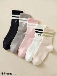 6/10/20/30pcs Women's Fashionable Personalized Mid-Calf Socks - Solid Color, Striped And Heart Pattern Design, Soft Comfortable, Breathable Casual, Suitable For Daily Wear. 1/5 Pairs - Multicolor Lines Love Heart - View 6