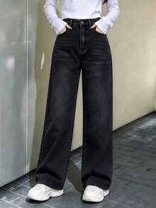 Teen Girl's Loose Fit Bow Print Denim Wide Leg Pants - Black - View 4