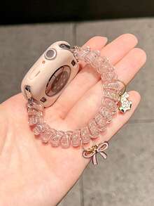 1件女款粉色時尚蝴蝶結彈性髮圈手錶錶帶，適用於38/40/41/42/44/45/49/46mm S12/S11/SE3/Ultra4/Ultra3/Ultra/SE/SE2/10/9/8/7/6/5/4/3/2/1 - 粉色 - 查看 4