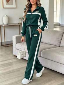 女款休閒兩件式運動服套裝，適用秋冬，包含翻領拉鍊外套與側條紋長褲，微彈性面料，適合日常穿著 - 墨綠31+白 - 查看 3