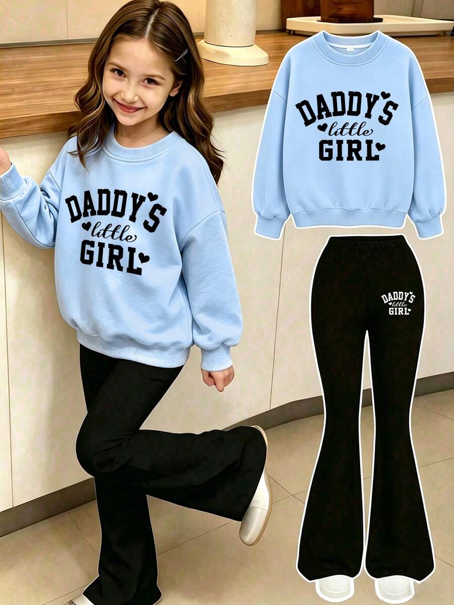 2pcs/Set Girls Minimalist Casual Slogan Print Crew Neck Sweatshirt & Flare Pants Set, Autumn/Winter Fashion Comfortable New Style - Multicolor - View 1