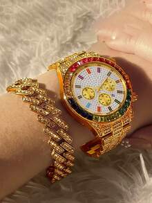 2pcs/Set Hip Hop Cuban Men's Business Watch Set, Cubic Zirconia, Holiday Gift, Daily Wear - Gold - View 8