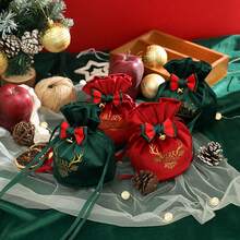 Christmas Velvet Drawstring Pouch With Bow And Bell, Gold Foil Gift Bag, Christmas Eve Apple Bag, Candy Storage Bag, Holiday Gift Packaging Bag, Drawstring Elastic Bag, Holiday Party Favor Bag - Multicolor - View 7