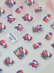 1pc Christmas Colorful Ball Red Heart Nail Stickers, Red Flower Pine Branch Snowflake Nail Decals, Self-Adhesive Glitter Nail Art, Asymmetrical Shape, Sweet Style, Suitable For Theme Party - Multicolor - View 6