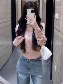 Pink Polka Dot Asymmetric Shoulder Long Sleeve Knit Cardigan Women Autumn Versatile Top - Pink - View 1