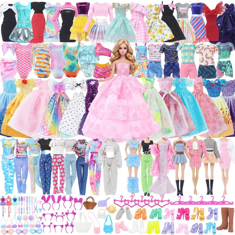 50pcs Doll Clothes & Accessories Set, Including 2 Princess Dresses, 3 Skirts, 2 Swimsuits, 2 Shorts, 3 Casual Outfits, 18 Accessories, 10 Hangers, 10 Pairs Of Shoes, Gift Box Set For 11.5 Inch Dolls (Doll Not Included) - Multicolor - View 1